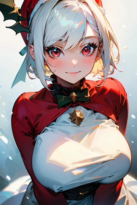 redraw, 1girl, christmas outfit, white short hair, red eyes, big breasts, smile, snow background, masterpiece, ultra-detailed