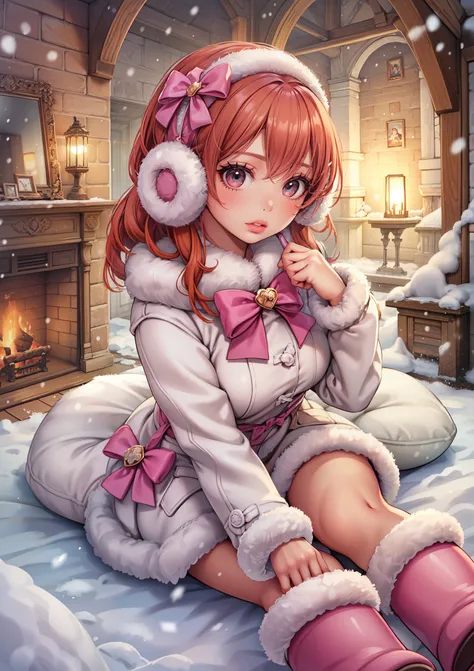 darkskin+++++, tanned+++, dark brown skin1:8++, bright orange hair, hair down, pink eye, big breast++, thick lips, pink bow+, detailed eyes+, (highest quality, amazing details:1.3), (solo:1.3), masterpiece, glossy lips, dolly lips+, Inside background, fire...