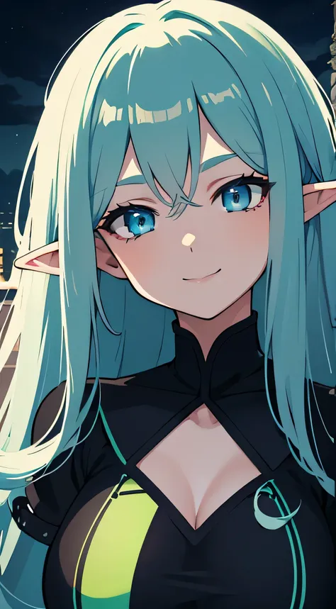 elf girl, blue and white hair, green eyes, long airs, light smile, shap face, night black clouds background, ulta quality, detail face, dark black dress, eyes detail, huge chest,