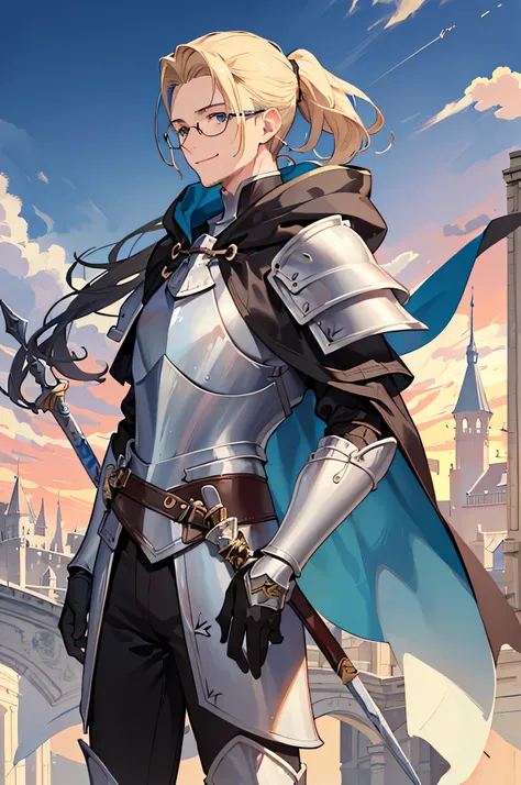 (((((Mans))))), masutepiece, ultra-detailliert, 8K Portrait, Raw photo, mans portrait photography, Highly detailed face, beautiful and meticulous eyes, ((Fantasy)), 35 years old (((man))), (((Male body))),  190 cm, tall, Glasses, ((Blonde)) Ponytail (((sli...