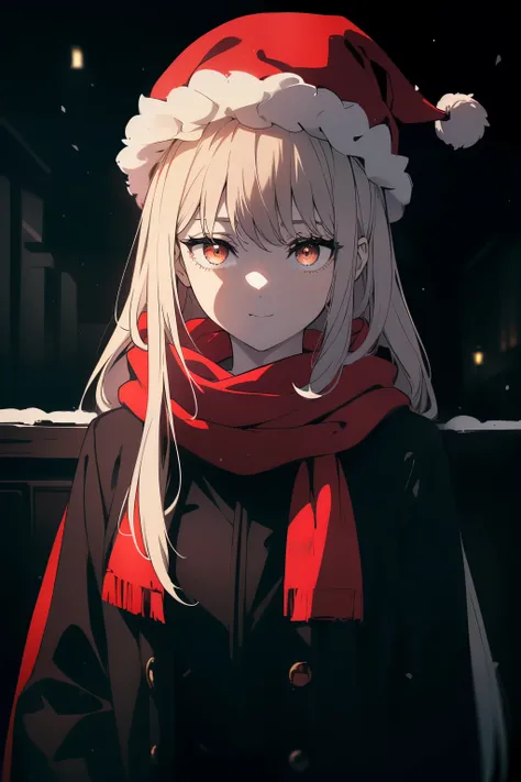 ((((Obra maestra, La mejor calidad, ultrahigh resolution)))), 1girl, standing, ((wearing thick black winter coat, red scarf, Santa hat)), long hair cut, pale skin, ((brown eyes)), (glowing_eyes, luminescent eyes), (ultra detailed eyes:0.7, beautiful and de...