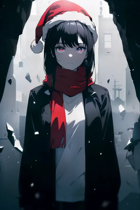 ((((Obra maestra, La mejor calidad, ultrahigh resolution)))), 1girl, standing, ((wearing thick black winter jacket:1.5, red scarf, Santa hat)), long hair cut, pale skin, ((dark black hair, blue tint)), (glowing_eyes, luminescent eyes), (ultra detailed eyes...