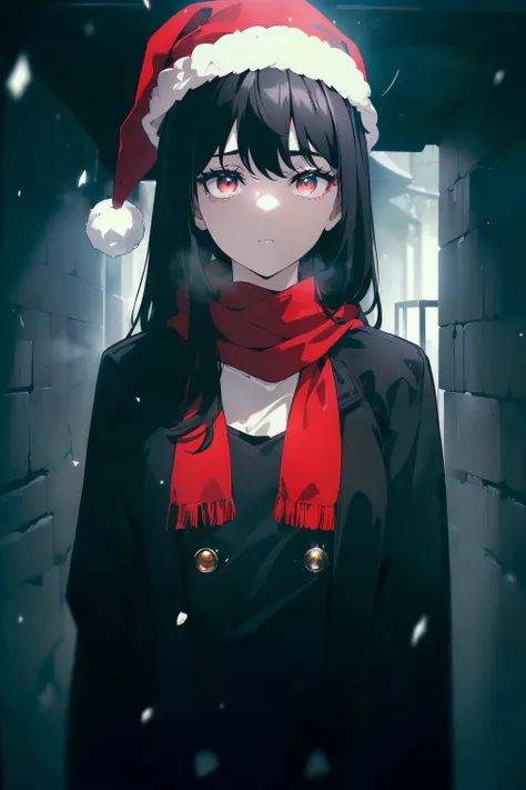 ((((Obra maestra, La mejor calidad, ultrahigh resolution)))), 1girl, standing, ((wearing thick black winter jacket:1.5, red scarf, Santa hat)), long hair cut, pale skin, ((dark black hair, blue tint)), (glowing_eyes, luminescent eyes), (ultra detailed eyes...