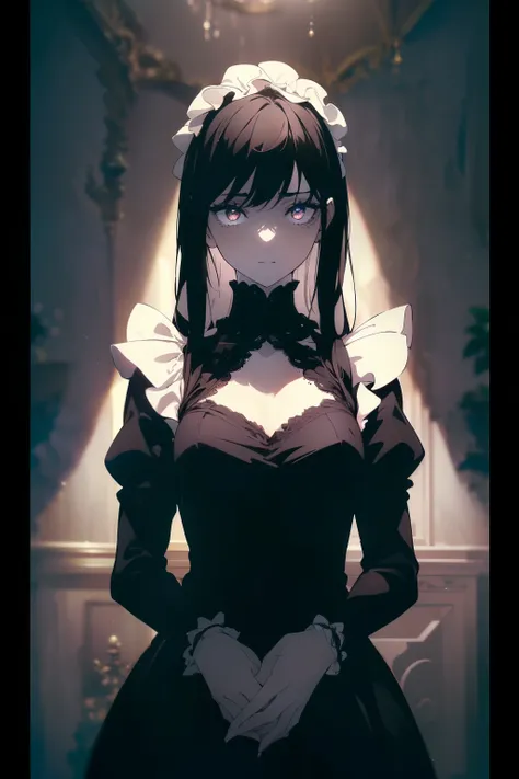 ((((Obra maestra, La mejor calidad, ultrahigh resolution)))), a shy girl, standing, ((wearing french maid outfit)), long hair cut, pale skin, ((dark black hair, blue tint)), (glowing_eyes, brown luminescent eyes), (ultra detailed eyes:0.7, beautiful and de...