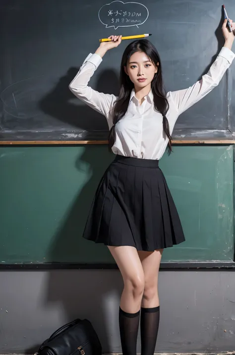 A woman in a skirt and shirt poses in front of a blackboard with a pencil in her hand, sakimichan, color photograph, quito school,