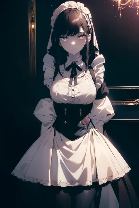 ((((Obra maestra, La mejor calidad, ultrahigh resolution)))), ((a shy maid)), standing, ((wearing french maid outfit)), long hair cut, pale skin, ((dark black hair, blue tint)), (glowing_eyes, brown luminescent eyes), (ultra detailed eyes:0.7, beautiful an...