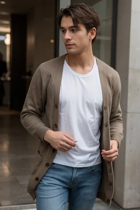 The man is dressed in a cardigan and jeans, creating a casual yet fashionable look.