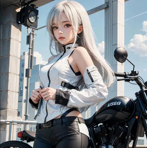 1 girl, beautiful face, Legal vibes, cabelo branco na altura dos ombros, usar uma jaqueta de couro da motocicleta, black pants