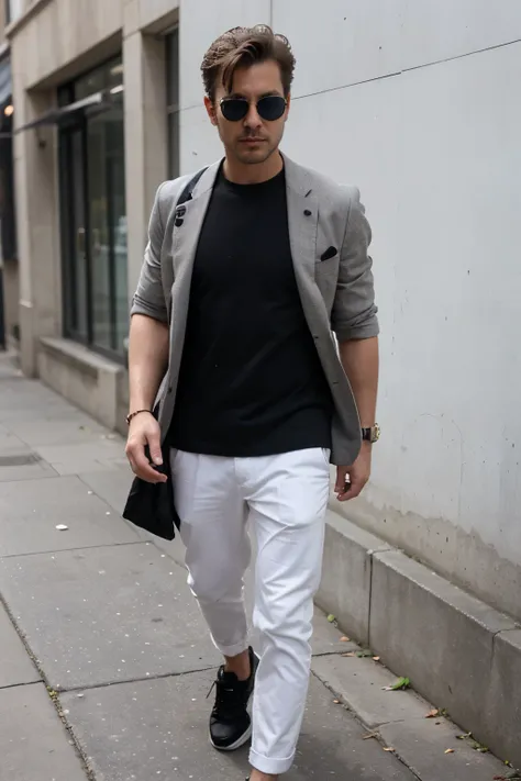 The man, casually dressed for the street, completes his look with sunglasses, adding an extra touch of style.