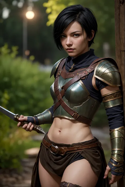 A beautiful female rogue, short black hair, D&D aesthetic, skimpy armour, high detail face, high detail skin, 8, HDR, high resolution, photo-realistic, cinematic lighting, depth of field, bokeh, rim lighting, backlit, cool colours, night