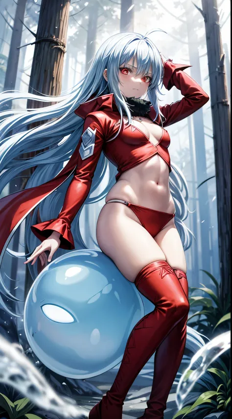 (an adult tensei shitara slime anime character) Rimuru Tempest, with prominent and piercing eyes of a (((scarlet red))), which exude an aura of cold determination and a sharp intelligence, (hair is light heavenly blue), flowing and smooth, neutral beak, co...