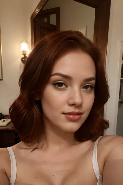 Beautiful young woman, similar to Marilyn Monroe, but rose red hair, making selfie