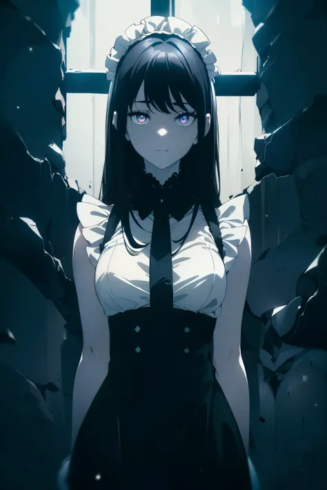 ((((Obra maestra, La mejor calidad, ultrahigh resolution)))), a shy girl, standing, ((wearing french maid outfit)), long hair cut, pale skin, ((dark black hair, blue tint)), (glowing_eyes, luminescent eyes), (ultra detailed eyes:0.7, beautiful and detailed...