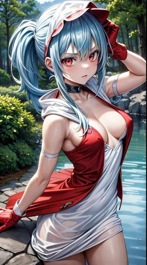 (an adult tensei shitara slime anime character) Rimuru Tempest, with prominent and piercing eyes of a (((scarlet red))), which exude an aura of cold determination and a sharp intelligence, (hair is light heavenly blue), flowing and smooth, neutral beak, co...