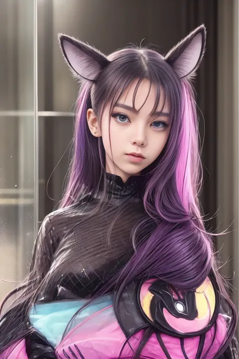 There is a girl with long hair，Wide-open and closed squat position，Rabbit ears and pink bow, Girl with cat ears, with bunny ears, lalisa manobal, belle delphine, Lalisa Manoban in blackpink, short detailed hair,Colorful hair color、slightly drooping eyes、 v...