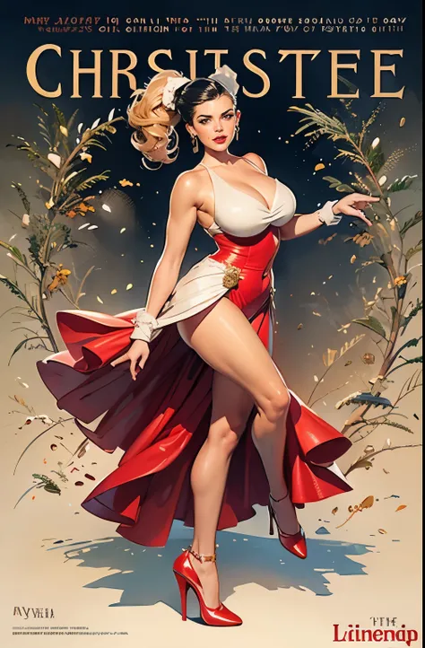 ((masterpiece)), (best quality), (cinematic), oil painting in style of Joseph Christian Leyendecker, high heels magazine cover, 1girl, milf, mature woman, dancing, full body, modern, Christmas style, large breasts, big eyes, long thick eyelashes, cleavage,...