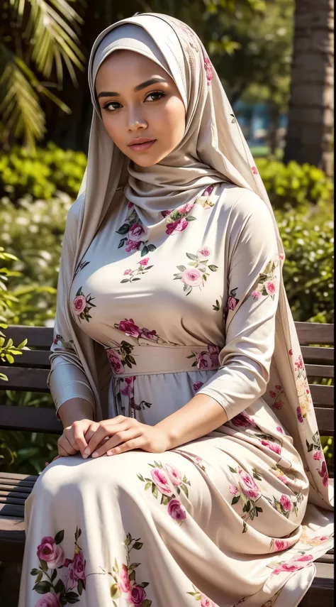 ( Close Up),RAW, Best quality, high resolution, masterpiece: 1.3), beautiful Malay woman in hijab,Masterpiece, perfect fit body, (big breast),big gorgeous eyes, Soft smile,thick thighs, beutifull face, sitting, woman wearing a long dress with a floral prin...