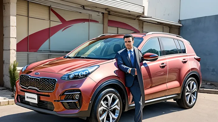 A photo of a red 2021 KIA Sportage parked in front of a residential block on a street in Chisinau, Moldova. The drivers door is open, out of the car steps a 27-year-old Moldovan man dressed in a white shirt, blue tie and black trousers. --auto --s2