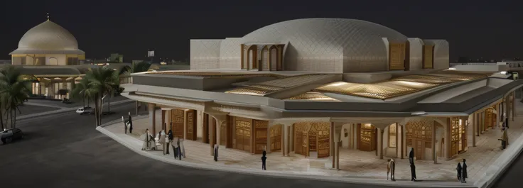 "Envision and describe a modern Islamic architectural masterpiece that seamlessly incorporates restaurants within its structure. Generate a detailed depiction of the buildings design, emphasizing the fusion of traditional Islamic architectural elements wit...