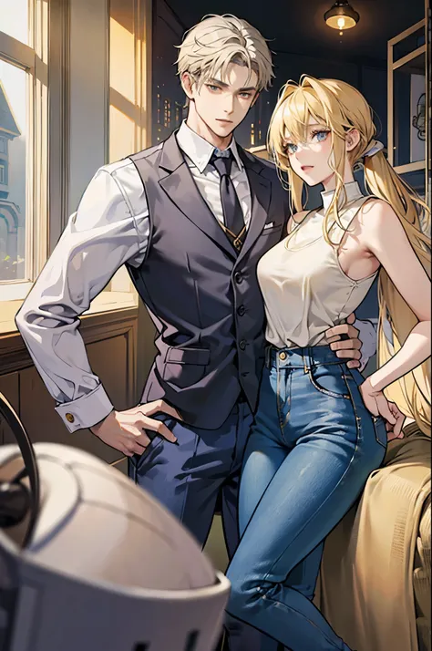 man and woman, couple, the guy is blonde hair, The woman is gray hair, man wearing suit, woman wearing tank top and short jean, Couple Pose,