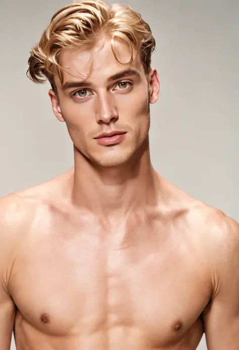 a male model with blonde hair and golden akin