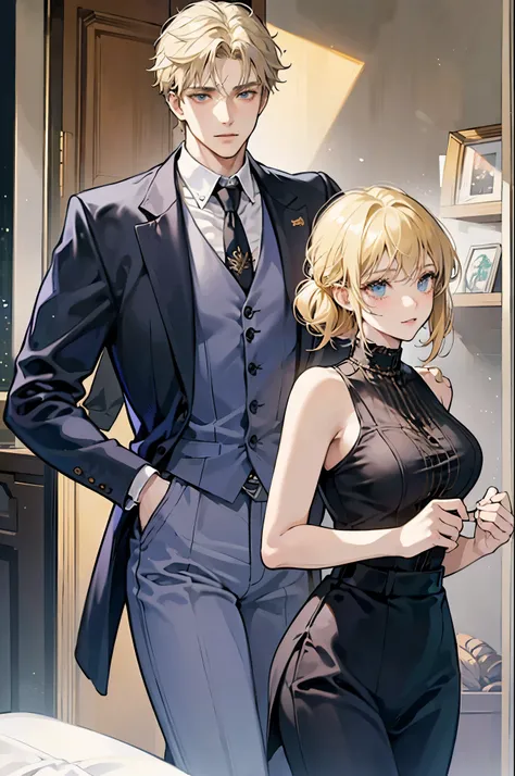 man and woman, couple, the guy is blonde hair, The woman is gray hair, man wearing suit, woman wearing tank top and short jean, Couple Pose,