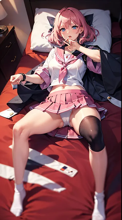 Beautiful illustration、top-quality、Cute girl room、A pink-haired、Long grey hair、(((Pink pleated skirt)))、(((pink sailor suit)))、shortsleeves、Colossal tits、a navel、Flipping up the skirt with your hands、Showing white panties、Pull up the skirt，Obviously the pa...