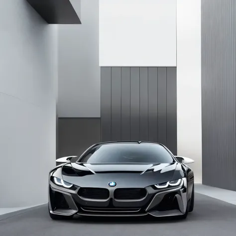 a far shot of a black sports car parked in front of a building, with sleek lines and a powerful, modern minimalist f 2 0, cinematic body shot, bmw ultra concept cars, front profile shot, luxury hd render, high-quality render, bmw m1 lincoln continental, mo...