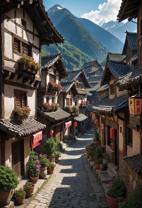 ancient mountain village town center lively