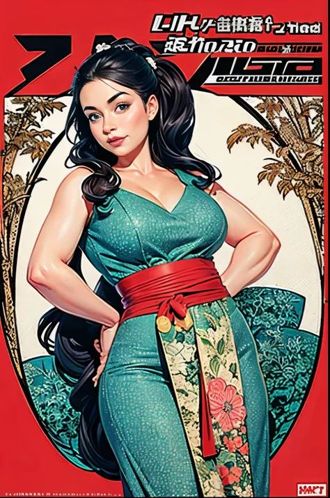 ((masterpiece)), (best quality), (cinematic), An ultra fine detailed Ukiyo-e painting,  retro fashion magazine cover, 1girl, milf, mature woman, chubby woman, fashionable, full body, modern, retro style, large breasts, big eyes, long thick eyelashes, cleav...