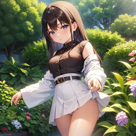 A young Asian girl, about sixteen years old, with brown hair, blue eyes and massive breasts and small hips standing in her garden wearing a short white miniskirt that exposes her panties.