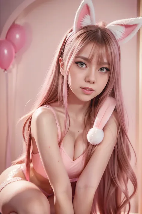 There is a girl with long hair，Wide-open and closed squat position，Rabbit ears and pink bow, Girl with cat ears, with bunny ears, lalisa manobal, belle delphine, Lalisa Manoban in blackpink, short detailed hair,Colorful hair color、slightly drooping eyes、 v...