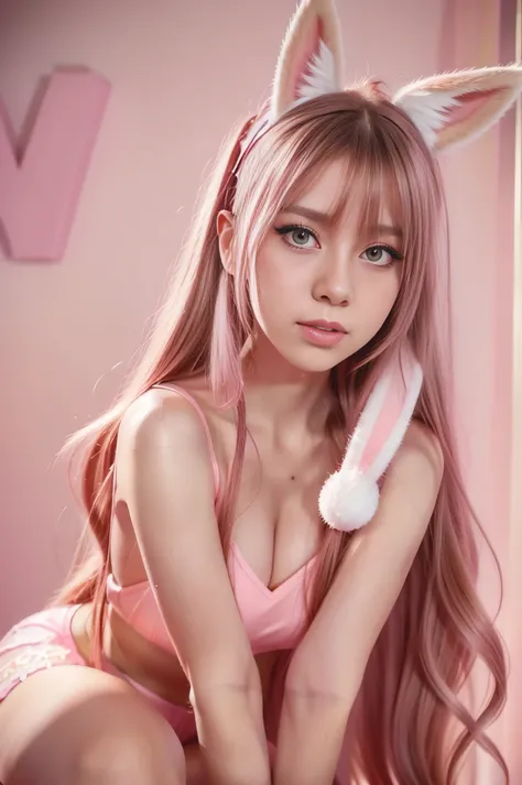 There is a girl with long hair，Wide-open and closed squat position，Rabbit ears and pink bow, Girl with cat ears, with bunny ears, lalisa manobal, belle delphine, Lalisa Manoban in blackpink, short detailed hair,Colorful hair color、slightly drooping eyes、 v...