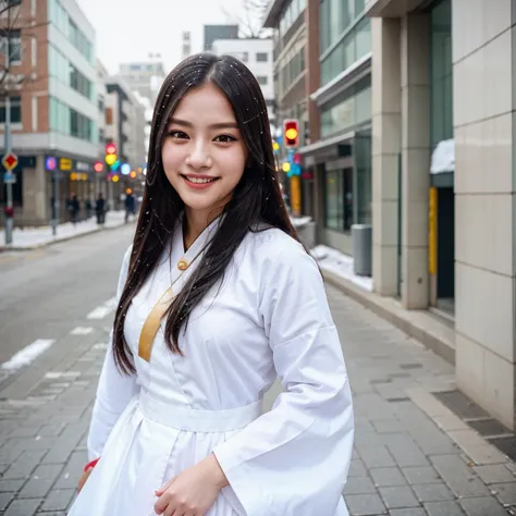 best quality, 4k picture quality, 1girl, white hanfu, snow, long hair fluttering in the wind, healing smile, large aperture, blu...