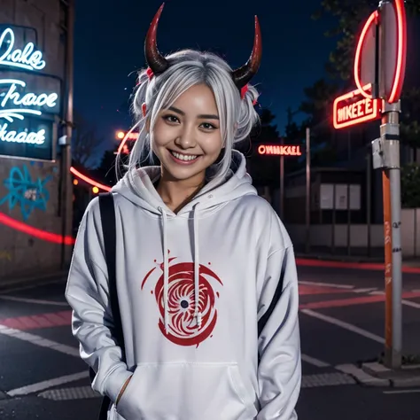 detailed background, masterpiece, best quality, smile, nakiri ayame, streaked hair, oni horns, white hair, twin buns, red eyes, smile, hoodie, portrait, neon, graffiti, dark, night, glowing eyes, blacklight