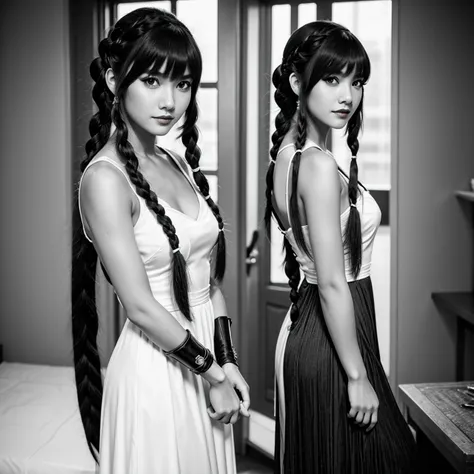 lynn minmay, 1girl, solo, monochrome, braid, looking at viewer, dress, long hair, traditional media, signature, bangs, makeup, o...