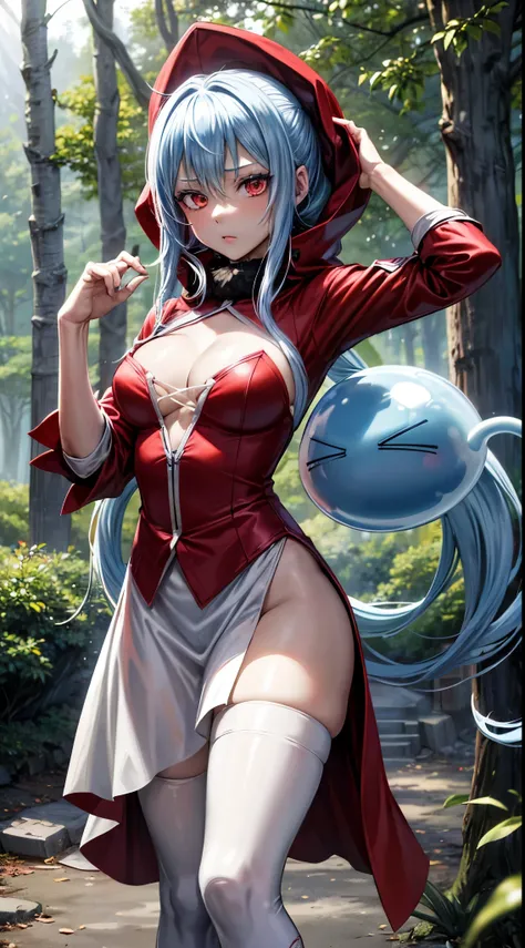 (an adult tensei shitara slime anime character) Rimuru Tempest, with prominent and piercing eyes of a (((scarlet red))), which exude an aura of cold determination and a sharp intelligence, (hair is light heavenly blue), flowing and smooth, neutral mouth, c...