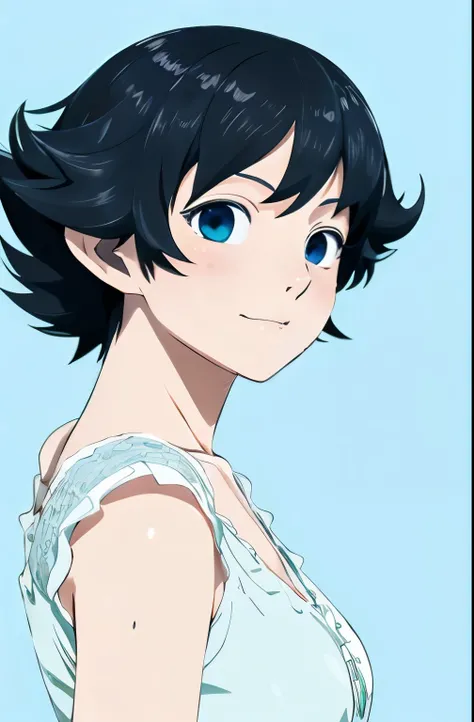 Black hair, Anime, Ghibli, Anime style, close up, From Side, One-person viewpoint, 8K, Super Detail, masutepiece,Super Detail, High quality, High resolution, high detailing, White background, Face Detail, Happiness, Curly hair, Blue eyes、Full body like