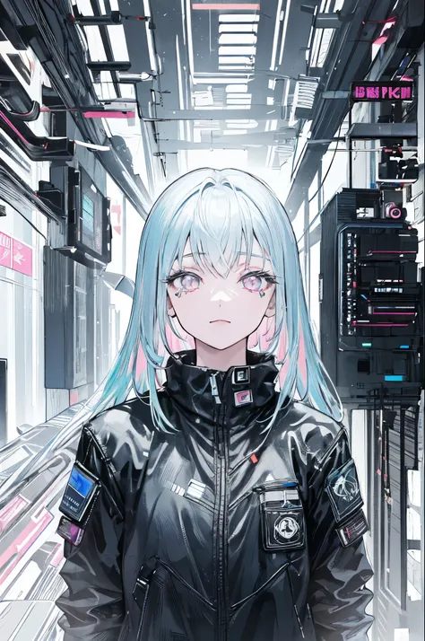 (1 girl), bob hair, light blue hair, pink eyes, long lashes, big tear bags, colorful image, cyberpunk, pop, upper body