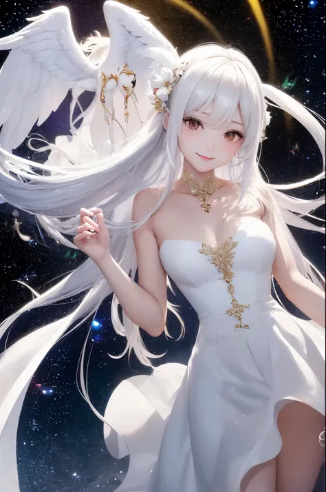 (a very delicate and beautiful）、femele、The human、（独奏）、skinny  body、The long-haired、White hair、de pele branca、Big golden eyes、White Prom Dresses、a smile、gentle、Front angle from chest up、Glitter background、angel image、（facing front、（Feels like a prank）、