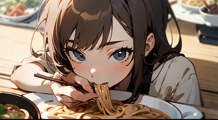 ((Best Quality)), (Detailed), Perfect face,1 girl in,Eating soba noodles,Five fingers,Using chopsticks,small tableware,Lots of tableware,gray noodles