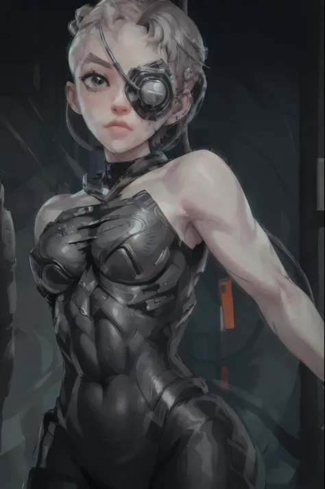 gwen_stacy borg cyborg bald gray skin veins metal armor cable eyepatch