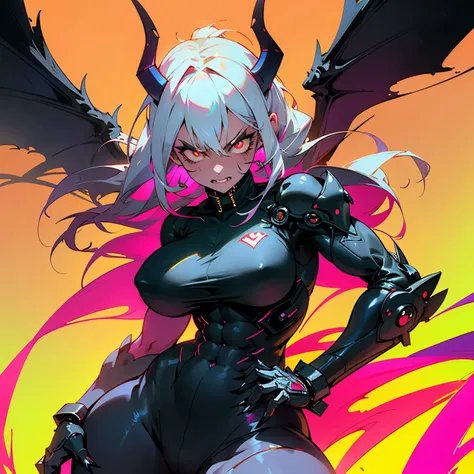 (Cyberpunk Demon woman), mature, very angry face, long fangs, diamond face, demon tail, wings, strong shadows, (neon light), neon, detailed face, sparks, gargolyes background, hell, night, (attacking), detailed abs, scars, shinying eyes, war pose, long cla...