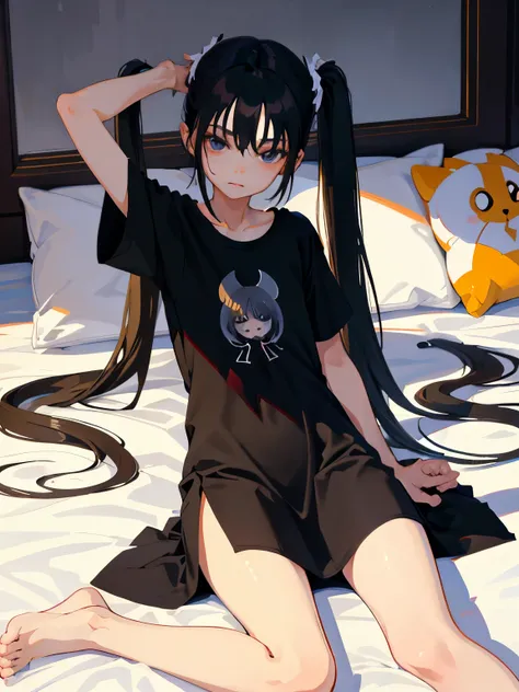 （​masterpiece，Highest Quality），(child)，((Long T-shirt，Thin dress))，(A dark-haired，long twintail)，sleepy expression，Delicate body