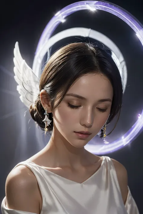 1girl in, solo, jewelry, earrings, closed eyes, flower,(sunlight),(angel),dynamic angle, floating, wing, halo, floating white si...