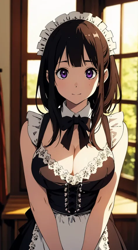 masterpiece, best quality, illustration, highly detailed, chitanda_eru, beautiful detailed eyes, cowboy shot, cleavage, (maid)