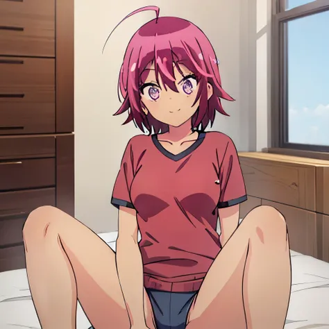 ((masterpiece)), ((best quality)), (ultra-detailed), anime style, on the bed, a cute girl, 1girl, solo, gym shorts00, ((beautiful eyes))0, smile