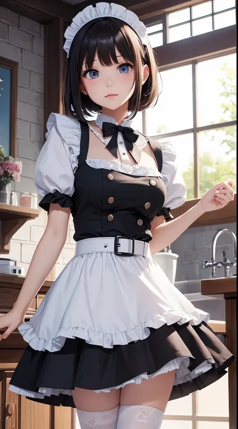 (best quality:1.3)、1girl in、colossal tits、maid clothes、head dress、a miniskirt、garterbelts、a short bob、shyness、cute anime illustr...