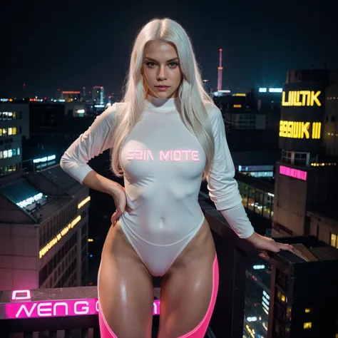 pretty, woman, sexy face, yellow eyes, white hair, slim body, sexy pose, pink tights, mecha, neon sign, led night city, seen from above, high quality, realistic, beautiful light, complete detail, black background