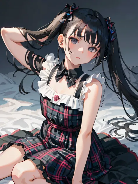 （​masterpiece，Highest Quality），(child)，((black plaid dress))，(A dark-haired，long twintail)，sleepy expression，Delicate body，The wind is blowing